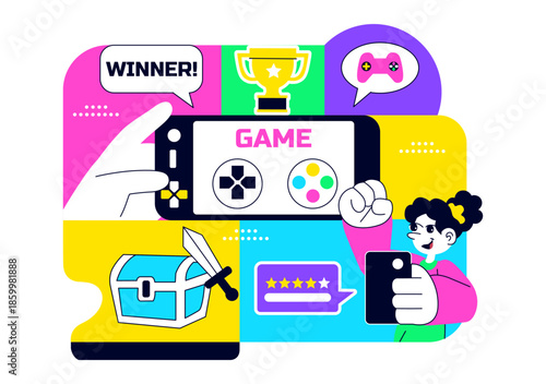 Mobile Gaming Community Vector Illustration Showing Online Players Interaction, Esports Teamwork, And Digital Entertainment Network in a Background