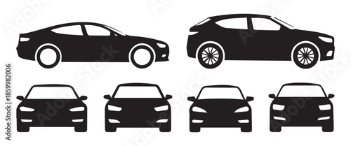 Car Headlight Signal and Vehicle Silhouette Icon Set with Front View and Side Profile Vector Pack