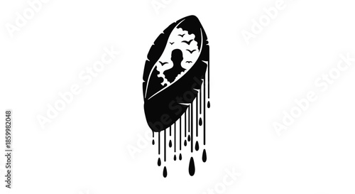 Silhouette of a person in a boat, with birds flying and dripping lines, conveying a sense of mystery and melancholy.