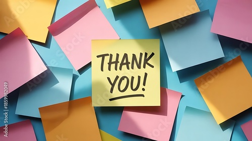 A colorful array of sticky notes with a central thank you note