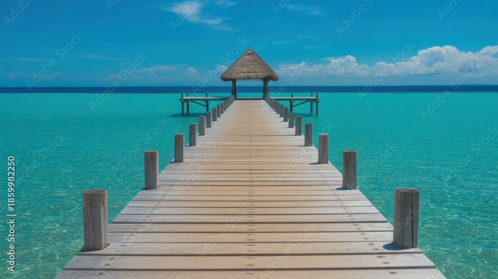 Fototapeta premium Serene Pier on Turquoise Waters: A wooden pier extends invitingly over the tranquil turquoise waters of a tropical paradise, leading to a charming gazebo, under a clear, cloud-dappled sky.