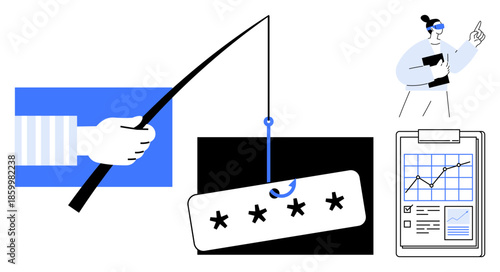 Cybersecurity threats, password protection, data analysis, online safety, phishing prevention, tech awareness. Fishing hook with a password, clipboard with graphs person pointing. Cybersecurity