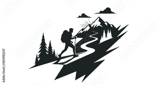 Silhouette of a hiker ascending a winding mountain path surrounded by trees and clouds