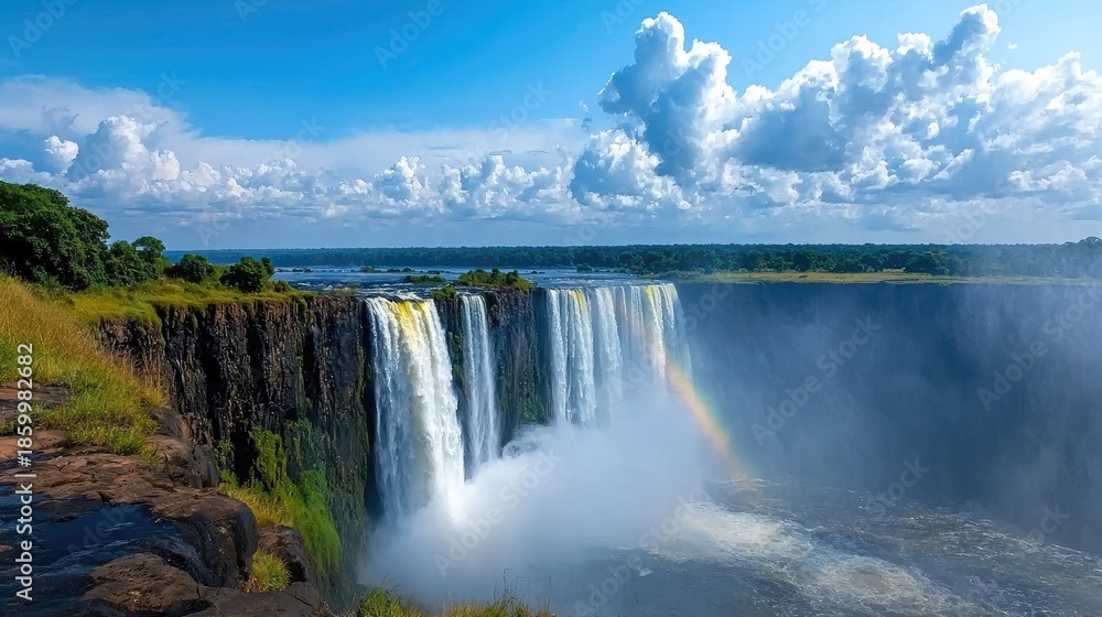 Fototapeta premium Majestic Victoria Falls with vibrant rainbow and lush greenery