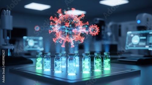 Advanced scientific laboratory research on coronavirus with digital virus visualization and test