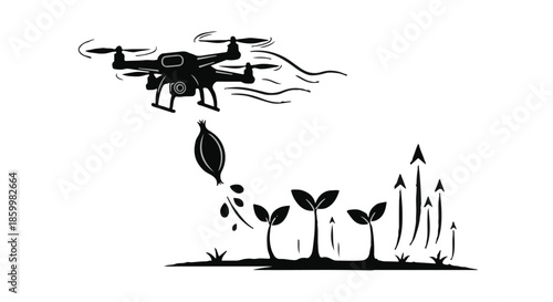 Drone sows seeds for growing plants, symbolizing modern agriculture and growth.