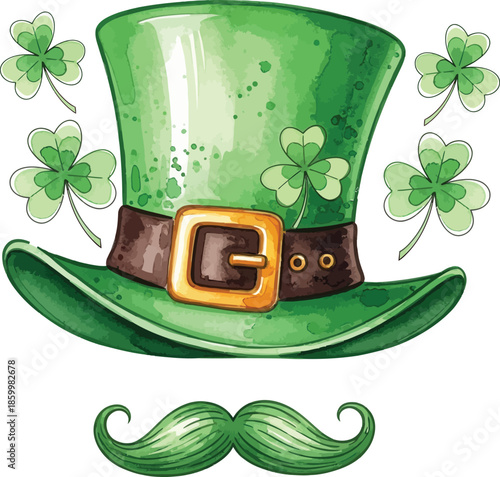 Leprechaun Hat with Green Mustache and Shamrocks Vector