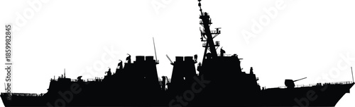 Modern military destroyer warship silhouette isolated on white background naval defense combat vessel maritime security power illustration