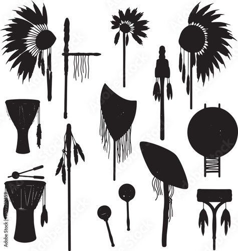 Native american cultural artifacts and traditional objects in black silhouette style