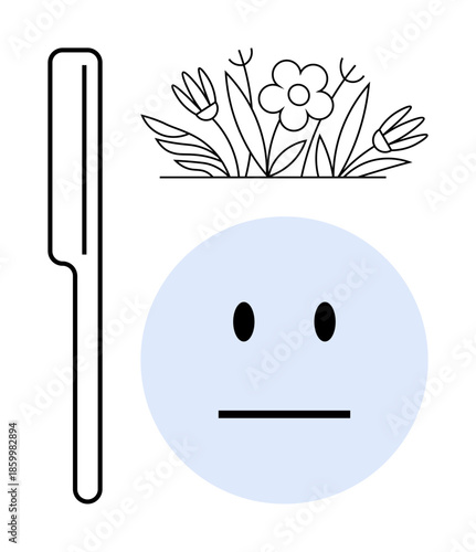 Personal care, minimalist design, expression, fashion elements, grooming, creativity. A blue face with a neutral expression, floral motif and comb. Personal care and minimalist design concepts