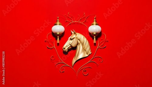 Golden Horse Head On Red Background With Decorative Lanterns