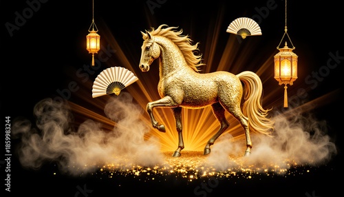 Golden Decorative Horse With Lanterns and Fans Against Black Background