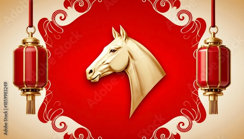 Elegant Golden Horse Head with Red Lanterns and Floral Design