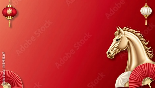 Golden Horse Illustration on Red Background with Lanterns and Fans