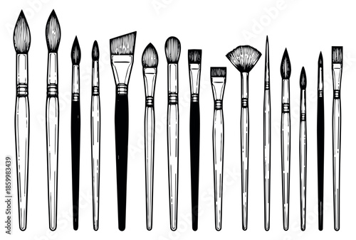 Hand drawn line art paint brush set featuring various types of brushes for artistic and creative projects