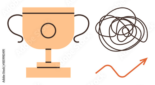 Trophy with curly line denoting challenges alongside upward arrow showcasing growth and achievement. Ideal for success, achievement, motivation, overcoming obstacles, growth, challenges, leadership