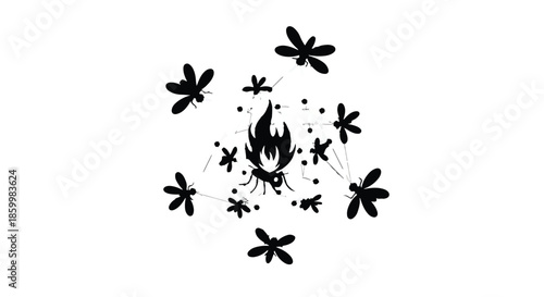 Fireflies dance around a glowing campfire under the night sky.