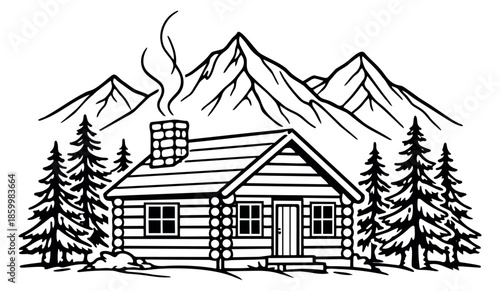 Line art illustration of a log cabin in the mountains with pine trees depicting smoke rising from its chimney for a rustic natural retreat
