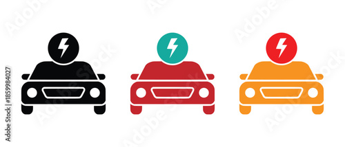 Electric car icons illustrating various charging statuses and energy levels vector set
