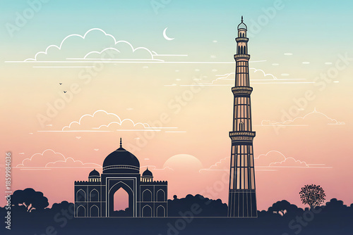Qutub Minar simplified silhouette with gradient sky, elegant minimal linework, crisp edges