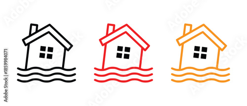 House flood icon set with black, red, and orange outlines representing water damage vector set