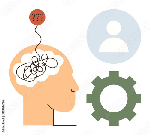 Human profile with tangled thoughts, a question mark, and symbolic gear and person icons. Ideal for creativity, problem-solving, brainstorming, cognitive processing, decision-making, mental health