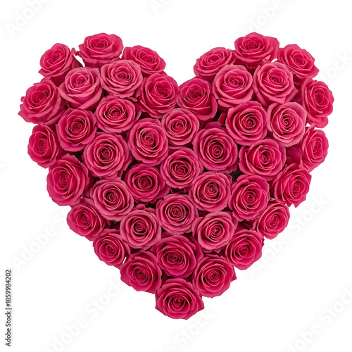 A vibrant heart shape meticulously crafted from numerous brilliant pink roses perfect for designs on transparent background