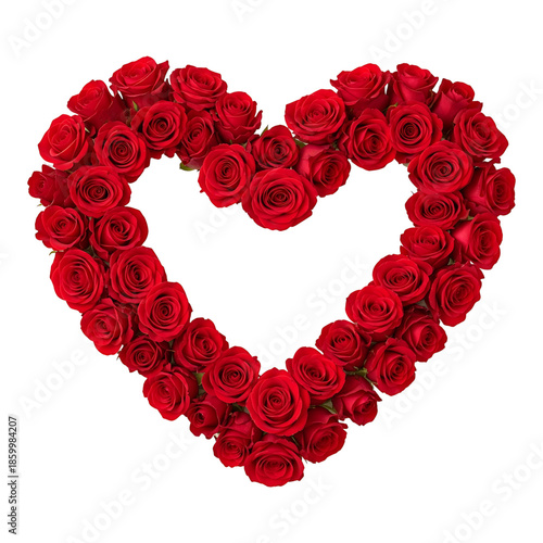 A vibrant heart shape meticulously crafted from numerous deep red roses perfect for designs on transparent background