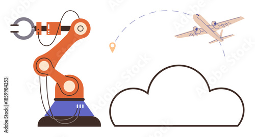 Robotic arm, abstract cloud, and airplane conceptually linking automation, aviation, and digital connectivity. Ideal for innovation, IoT, logistics, industry AI cloud solutions transportation