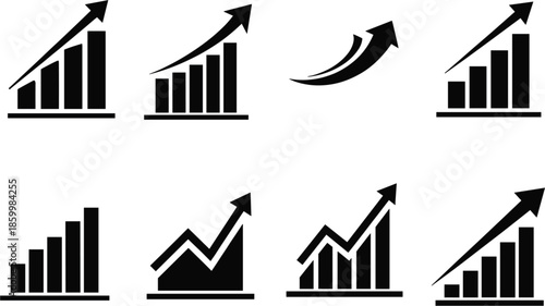 Set of black vector business growth bar charts and financial progress arrows representing success, increasing profits, data analytics trends, and corporate development isolated on white background.