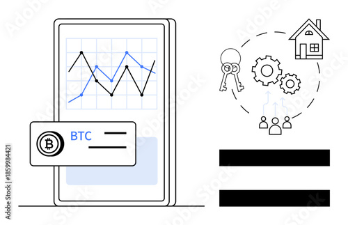 Mobile screen displaying cryptocurrency analysis with BTC card and upward graph next to graphic linking keys, house, gears, and people. Ideal for finance, blockchain, technology, real estate, team