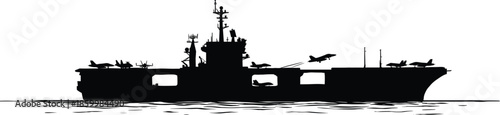 Silhouette of modern aircraft carrier warship with fighter jets on deck at sea military naval power concept defense ocean security