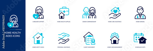 Home Health Aides Blue Colored Outline Icon Set