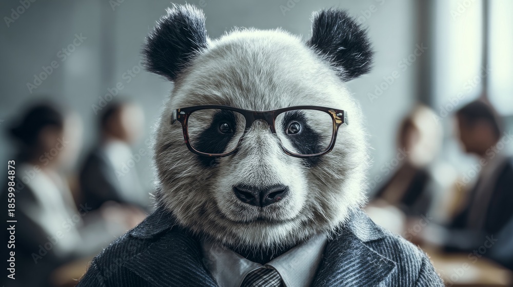 custom made wallpaper toronto digitalA panda, wearing glasses and a business suit, stares forward in front of a blurred office meeting