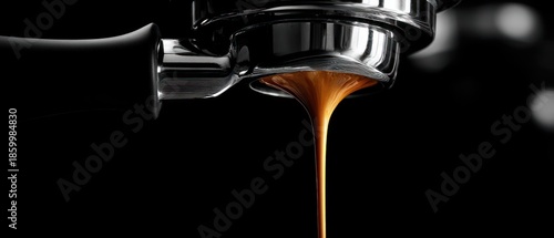Close up of fresh espresso flowing from a coffee machine against black backdrop
