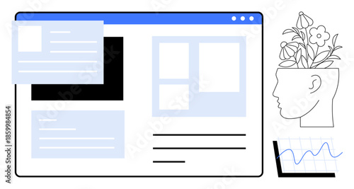 Website interface layout with floating elements, head silhouette with blooming flowers, and analytics chart. Ideal for creativity, innovation, UIUX design, data growth, brainstorming, education