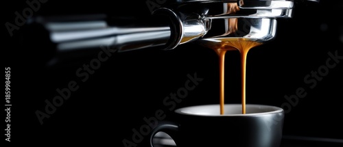 Close up of espresso machine pouring fresh coffee into a cup against a black backdrop