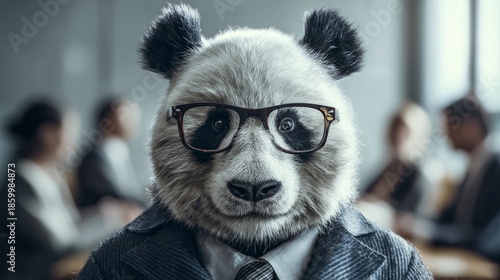 Wallpaper Mural A panda, wearing glasses and a business suit, stares forward in front of a blurred office meeting Torontodigital.ca