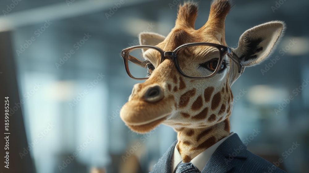 custom made wallpaper toronto digitalA giraffe in a suit and glasses looks focused with a blurry office background