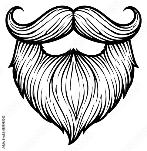 Hand drawn line art illustration of a mustache and beard depicting a classic gentleman's facial hair for men's fashion