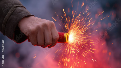 Vibrant Sparks Emanate from Traditional Chinese Firecracker in Hand Against Dramatic Background of Colors and Light Effects