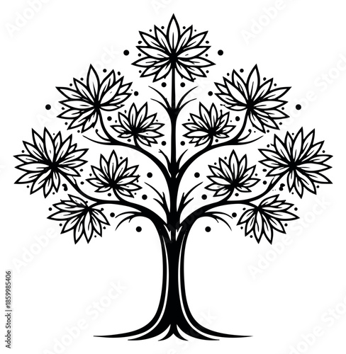 Hand drawn line art illustration of a stylized tree depicting blossoming floral branches for nature inspired designs