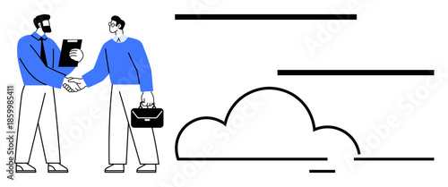 Two businessmen shaking hands one holds a briefcase, the other a clipboard, with cloud graphics. Ideal for collaboration, partnership, technology, business strategy, innovation, digital