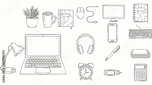 Line art vector set of modern office and work from home essentials. Doodle style collection of desk items, technology, and stationery for remote work.