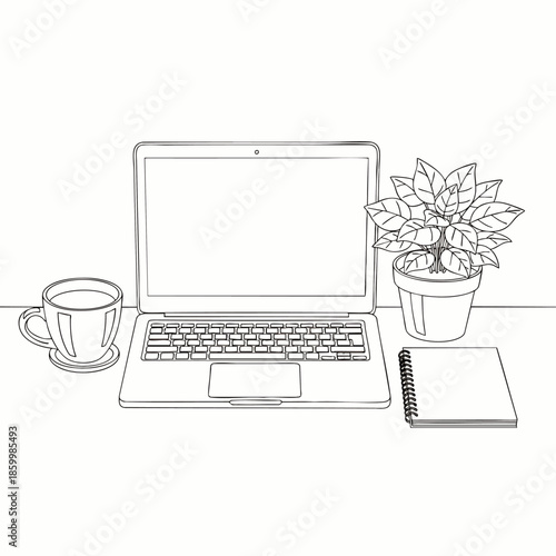 Clean line art illustration of a modern workspace featuring a laptop, coffee cup, potted plant, and notebook, perfect for remote work, study, and productivity themes.