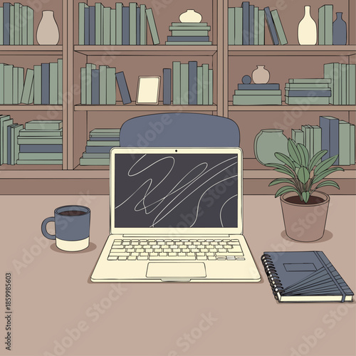 Cozy home office with laptop, coffee mug, notebook, and bookshelf filled with books, perfect for remote work or study.