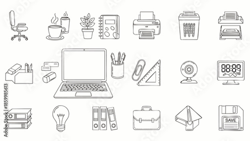 Set of office supplies and equipment icons, line art, business and technology concept