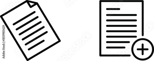 Universal document administration line icon set featuring a classic text page symbol and an add-new document file icon for content creation and records management.
