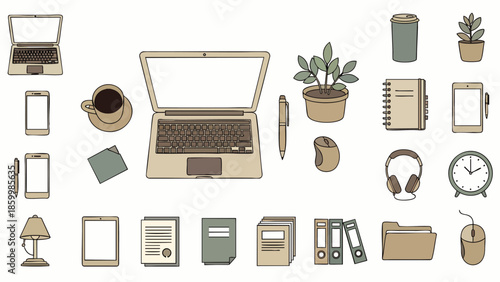 Modern office essentials flat lay illustration. Overhead view of laptops, smartphones, coffee, plants, and various desk accessories for work and productivity.