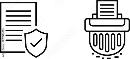 Professional document security and information disposal line icon set featuring a verified secure file shield and a paper shredder for sensitive data destruction.